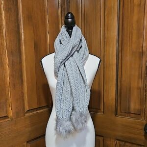 New York & Company Gray & Silver Knit Scarf with Faux Fur Pom Poms